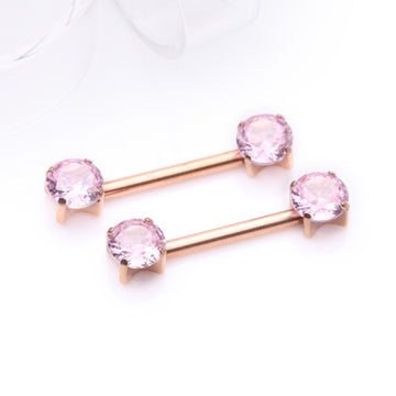 Detail View 1 of A Pair of Implant Grade Titanium Rose Gold PVD OneFit Threadless Prong Gem Sparkle Nipple Barbell-Pink